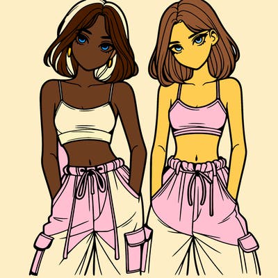 two girls with crop top with baggy pants