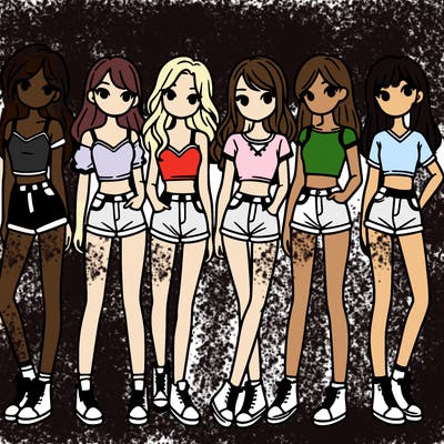 a group of girls wearing crop tops and shorts