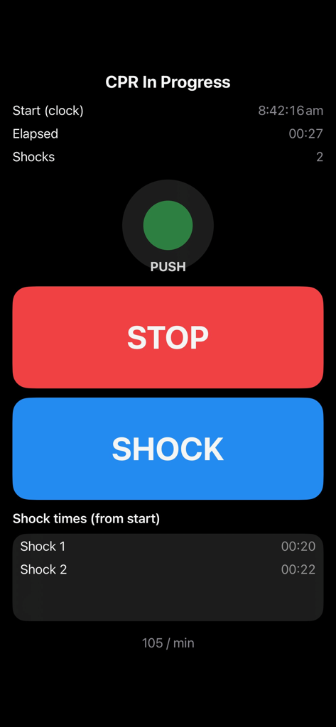 CPR Timer - CPR Timer app screen showing large buttons for shock and stop with an elapsed time counter and event log.