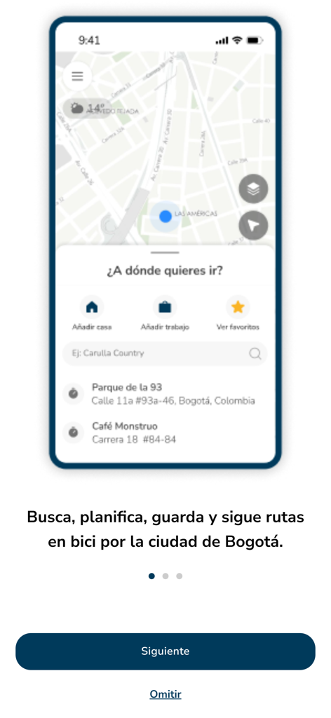 Interface of the Mapas Bogota Bici app showing a map and options to search and save bike routes in Bogota.