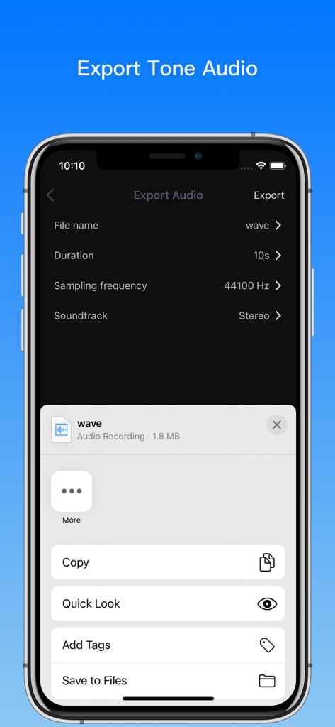Sonic Master app export tone audio screen showing file settings and iOS share options