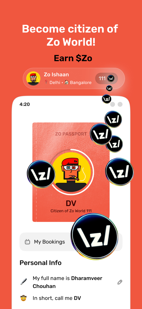 Zostel - Zo Trips - Zostel app Zo World membership and passport profile screen showing rewards