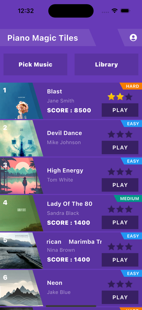 Piano Magic Tiles : Music Game - Song selection screen in the Piano Magic Tiles music game showing a list of tracks with difficulty levels and scores.