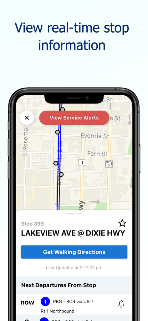 지도상에서 실시간 버스 정류장 정보 및 내비게이션 경로를 표시하는 The Wave Transit 앱의 인터페이스