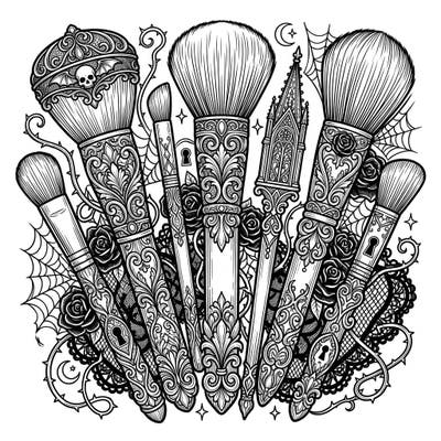 Step into a world of dark elegance with this captivating coloring page featuring an array of gothic makeup brushes. Each brush handle boasts intricate Victorian-inspired details, perfect for a truly sophisticated coloring experience.