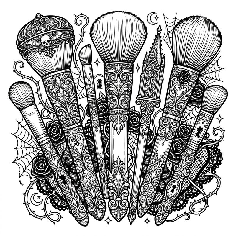 Step into a world of dark elegance with this captivating coloring page featuring an array of gothic makeup brushes. Each brush handle boasts intricate Victorian-inspired details, perfect for a truly sophisticated coloring experience.