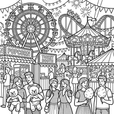 Dive into the festive world of carnivals and fairs with this dynamic Pop Art coloring page. Perfect for anyone who loves bold lines and lively scenes, it promises hours of creative fun.