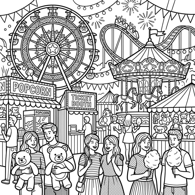 Dive into the festive world of carnivals and fairs with this dynamic Pop Art coloring page. Perfect for anyone who loves bold lines and lively scenes, it promises hours of creative fun.