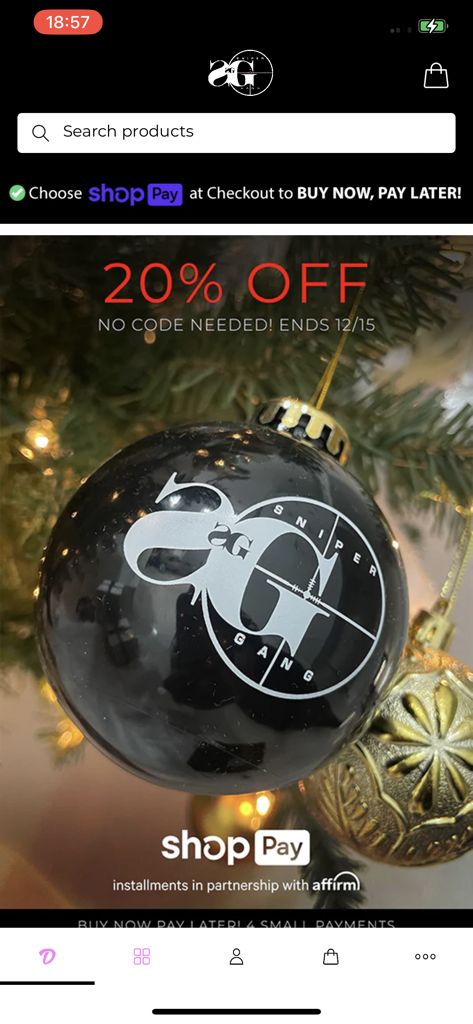 Sniper Gang Apparel App - Sniper Gang Apparel App home screen featuring a holiday sale banner with twenty percent off.