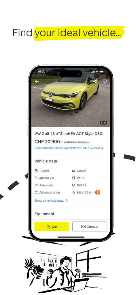 Application AutoScout24 montrant une annonce de VW Golf jaune avec le prix et les spécifications du véhicule