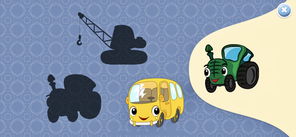 Schermata di un gioco educativo per bambini che abbina forme di veicoli alle loro ombre