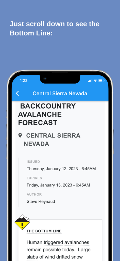 Avalanche Forecasts - Detailed backcountry avalanche forecast report for Central Sierra Nevada on the Avalanche Forecasts app interface