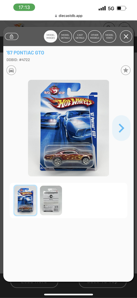 DiecastDB - DiecastDB app interface showing details for a 1967 Pontiac GTO Hot Wheels car