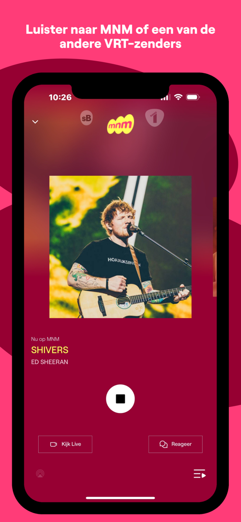 MNM - The MNM radio app interface playing Shivers by Ed Sheeran with options to watch live or react.