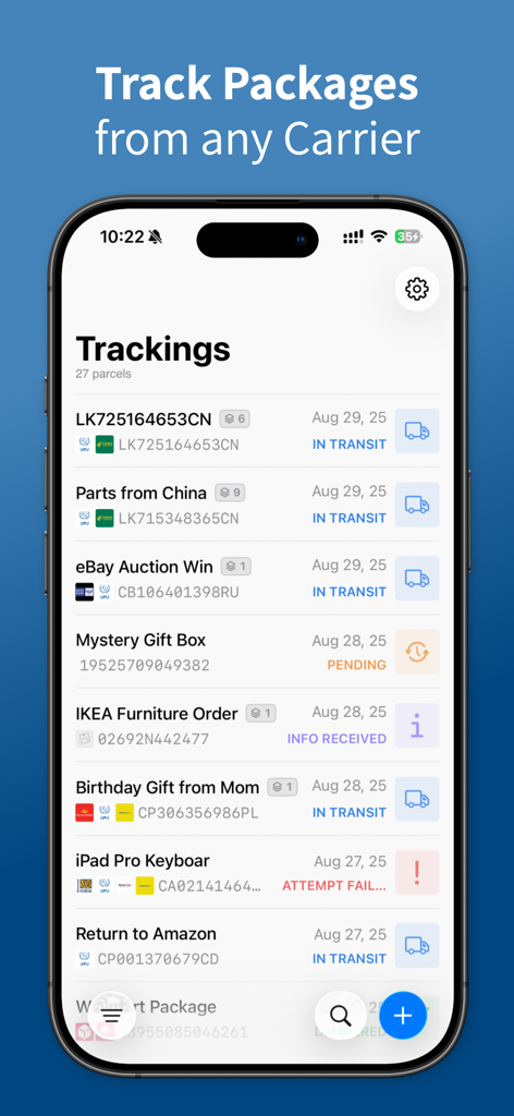 Parcel & Package Tracker - A smartphone screen displaying a list of tracked parcels from various international carriers and online stores