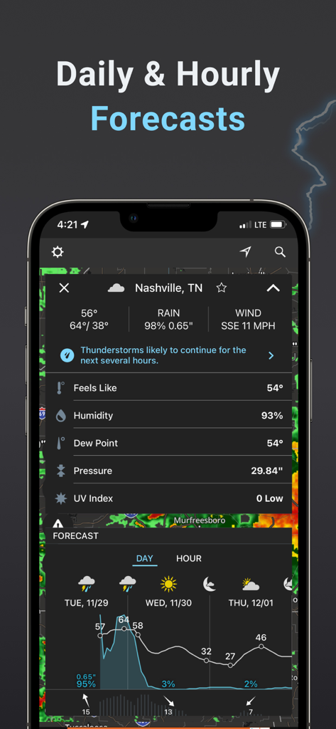 Storm Radar: Weather Tracker - La aplicación Storm Radar muestra pronósticos meteorológicos detallados diarios y por hora y condiciones locales para Nashville Tennessee