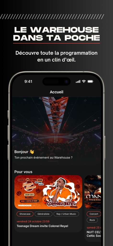 Warehouse - Warehouse app home screen showing upcoming music events and concert programming