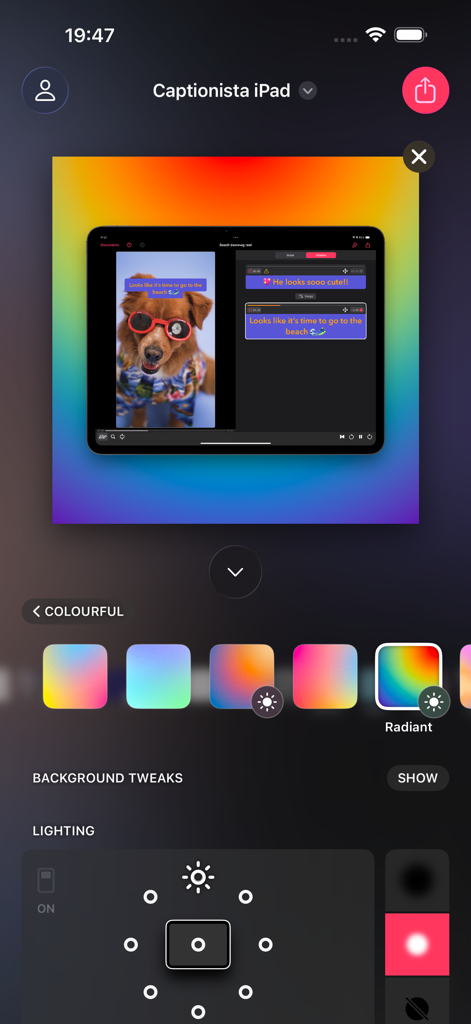 Frame Screenshots: Shareshot - Shareshot App-Oberfläche mit einem iPad-Geräterahmen mit strahlendem Farbverlauf-Hintergrund und Beleuchtungsreglern