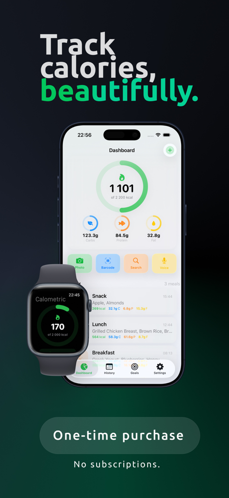 Calometric — Calories Tracker - Interfaz de la aplicación Calometric en iPhone y Apple Watch mostrando el seguimiento de calorías y macros