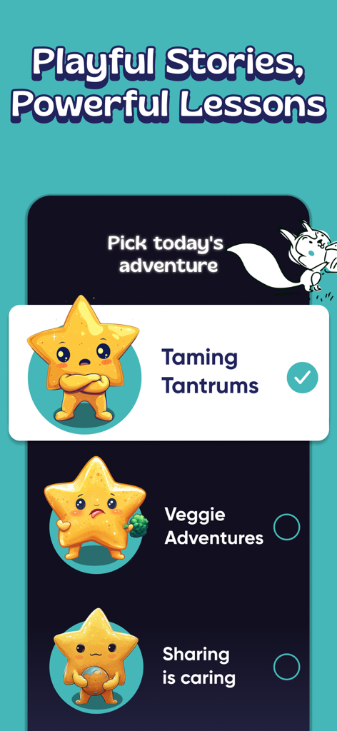 Boon - Stories for Kids - Boonアプリの画面。Taming TantrumsやVeggie Adventuresのようなストーリーの選択肢が、かわいい星のイラストとともに表示されています。