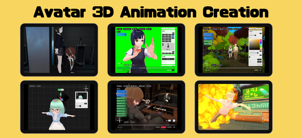 Keyaki Studio - Keyaki Studioアプリの6つのスクリーンショット。3Dアバターアニメーション、シーン作成、モーションキャプチャー機能を紹介しています