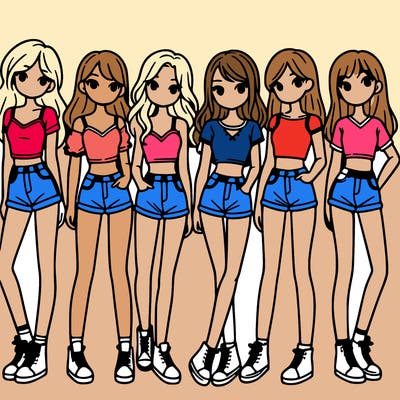 a group of girls wearing crop tops and shorts