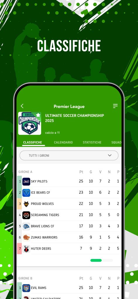 Schermata dell'app Enjore che mostra le classifiche del campionato di calcio dilettantistico e la tabella delle classifiche del torneo.