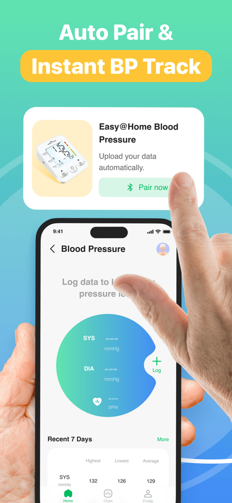 MyHeartPal-Blood Pressure App - A person using the MyHeartPal app on an iPhone to pair a Bluetooth blood pressure monitor for automatic data tracking