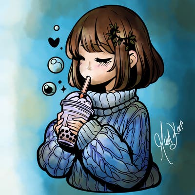manga girl drinking boba in cozy sweater