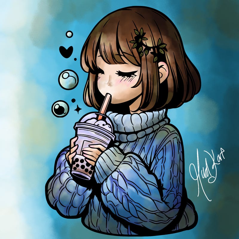 manga girl drinking boba in cozy sweater