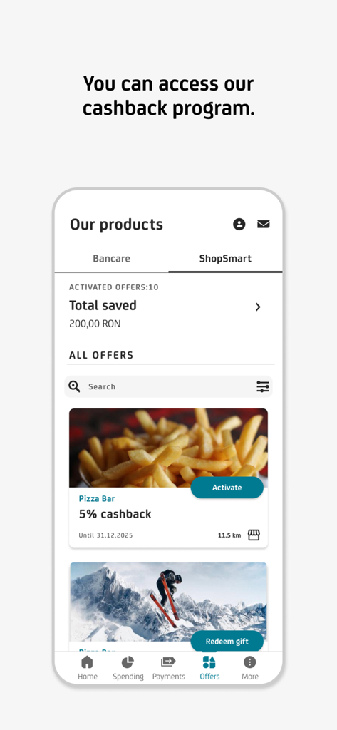 ShopSmart Cashback-Programm-Oberfläche, die Einsparungen und verfügbare Angebote in der UniCredit RO Mobile App anzeigt.