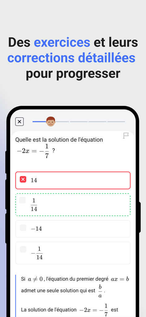 Kartable - Cours et révisions - Kartable app interface showing a math equation exercise with multiple choice options and a detailed step by step correction.