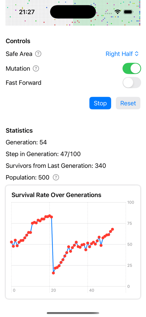 Evolution: Simulator - Survival rate over generations graph and statistics within the Evolution Simulator application