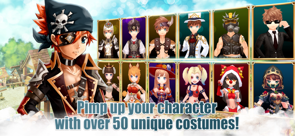 Uma variedade de trajes de personagens de anime e opções de personalização no Flyff Legacy