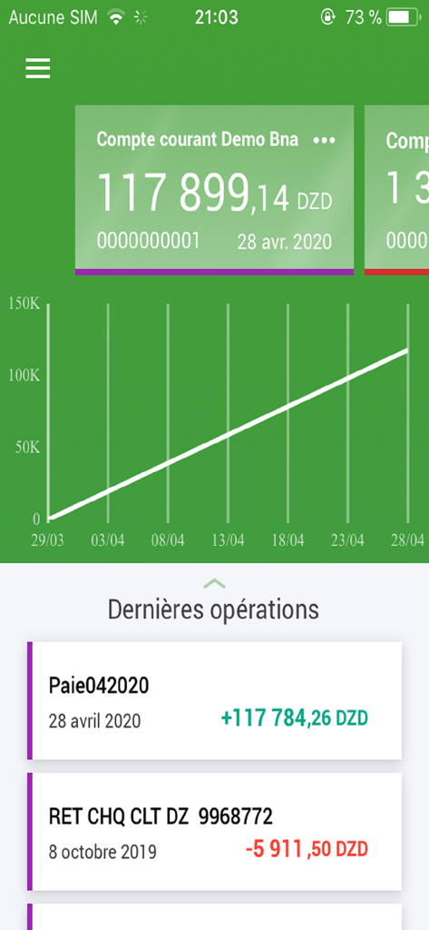Mobile banking dashboard for BNAtic showing account balance in Algerian Dinars and a list of recent transactions
