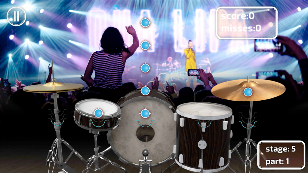 Real Drums Game - Real Drums Game rhythm gameplay showing a drum kit and falling notes on a concert stage