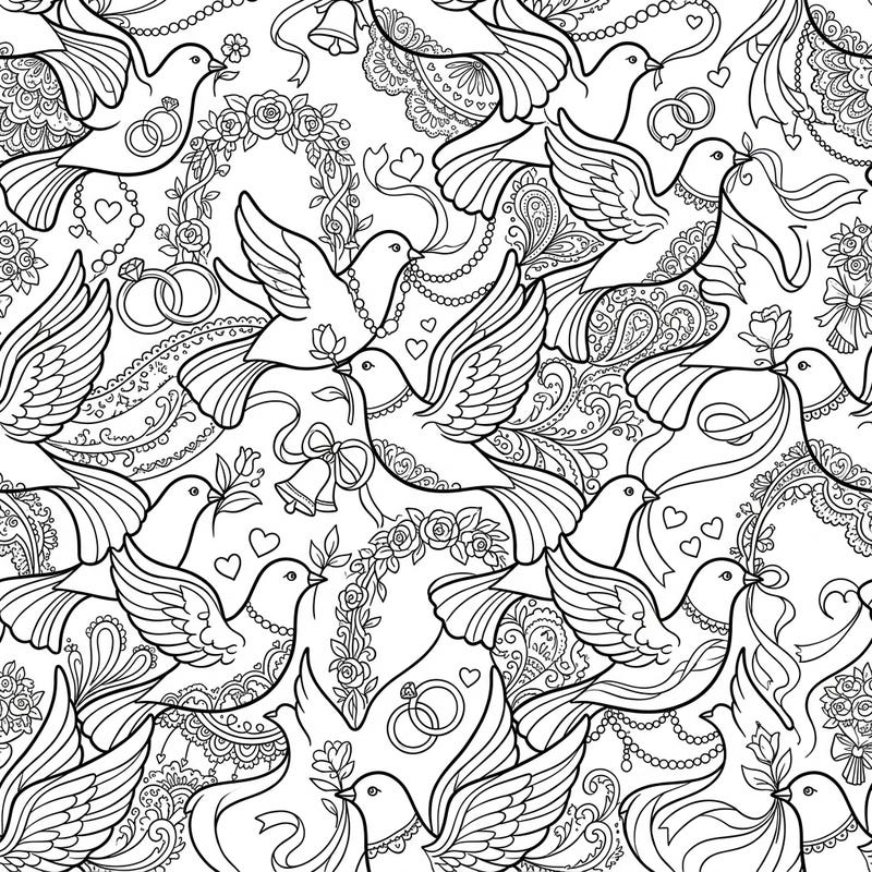 Discover a breathtaking Wedding Bird Tessellations coloring page, a seamless pattern brimming with romantic symbolism. Interlocking doves carry rings and roses, inviting you to add your unique touch to this intricate celebration of love.