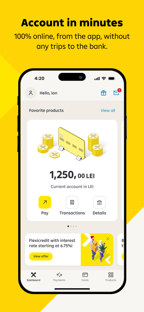 Raiffeisen Smart Mobileアプリのダッシュボード（iPhone画面）、銀行口座残高とメニューオプションが表示されています。