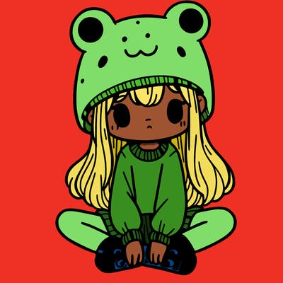 a girl wearing a frog hat and some frog socks
