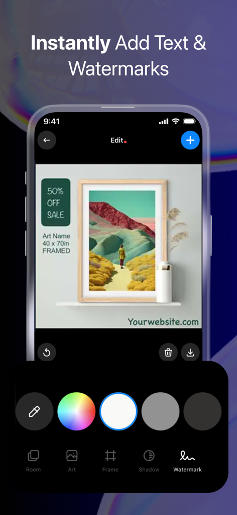 ArtStage: Preview your Artwork - A mobile interface for adding custom text and watermarks to an artwork mockup in the ArtStage app