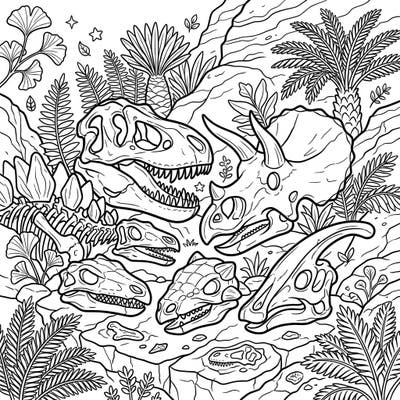 Dive into an ancient world with this captivating dinosaur skull skeletons coloring page, featuring detailed fossil remains amidst lush prehistoric flora. It's the perfect canvas for anyone fascinated by paleontology and the mighty creatures of the past.