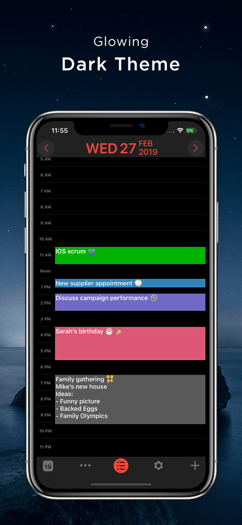 iCalendar - iCalendar app screenshot on iPhone showing a glowing dark theme with a color-coded daily schedule and events