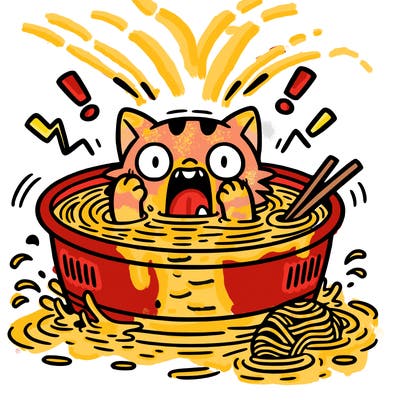 cat in water freaking out because of a waking ramen