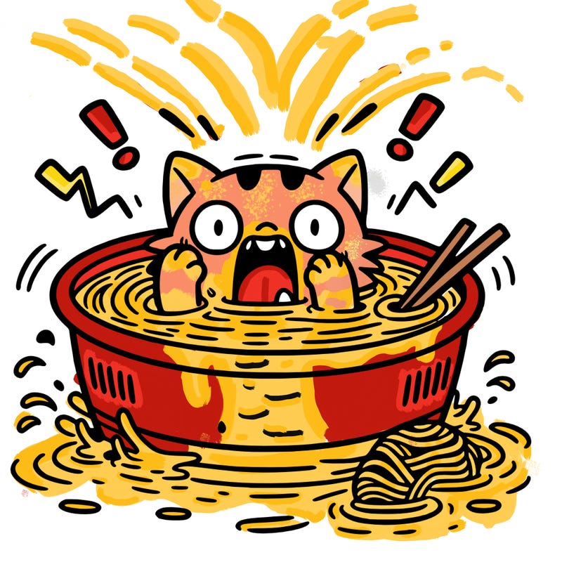 cat in water freaking out because of a waking ramen