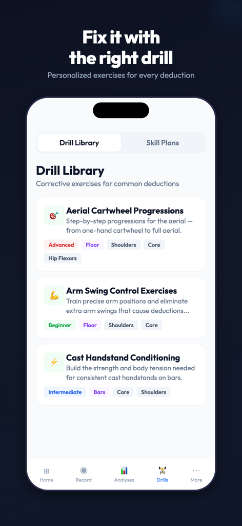 Stickd gymnastics app interface showing the drill library with corrective exercises for common deductions like cartwheels and handstands.
