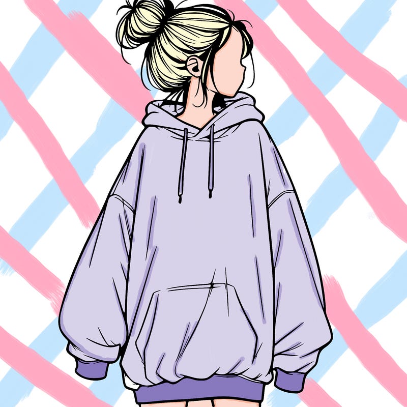 realistic girl with a oversized sweatshirt on and a bun