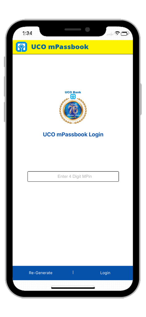 UCO mPassbook mobile app login screen featuring a 4 digit MPin entry field and bank branding