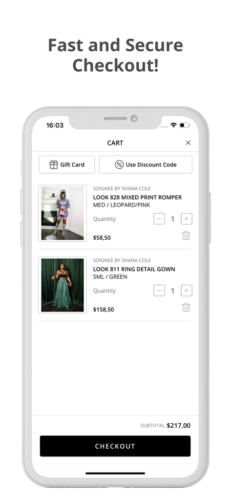 SOIGNEE BY SHANA COLE - Mobile app interface showing the shopping cart with a romper and a gown with a fast and secure checkout button