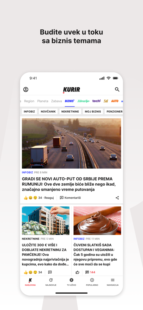 Kurir - Interfaz de noticias de negocios de la aplicación móvil Kurir con artículos serbios sobre infraestructura y bienes raíces
