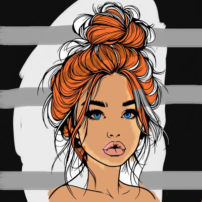 realistic girl with a messy bun and she has lips